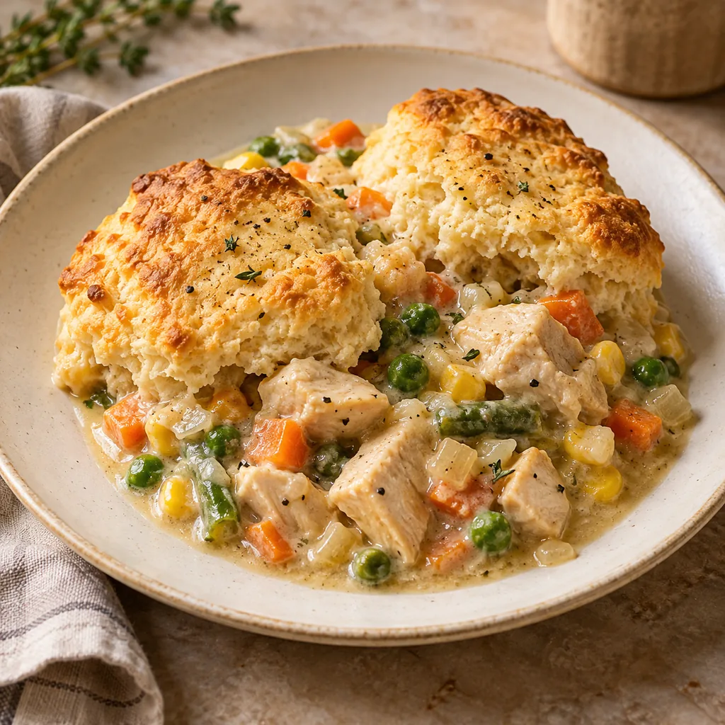AI-generated serving suggestion for Chicken pot pie with biscuit topping