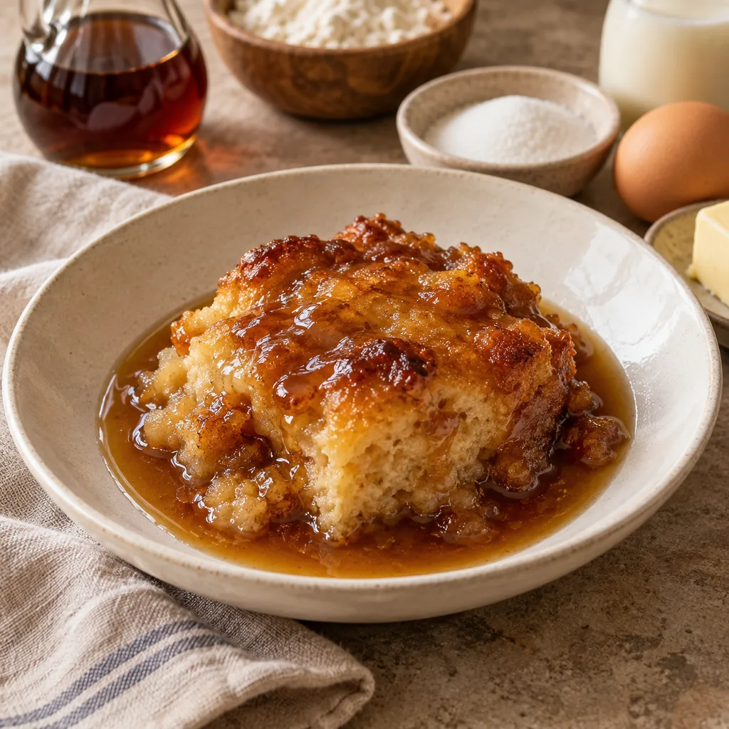 AI-generated serving suggestion for Pouding chomeur-style maple pudding
