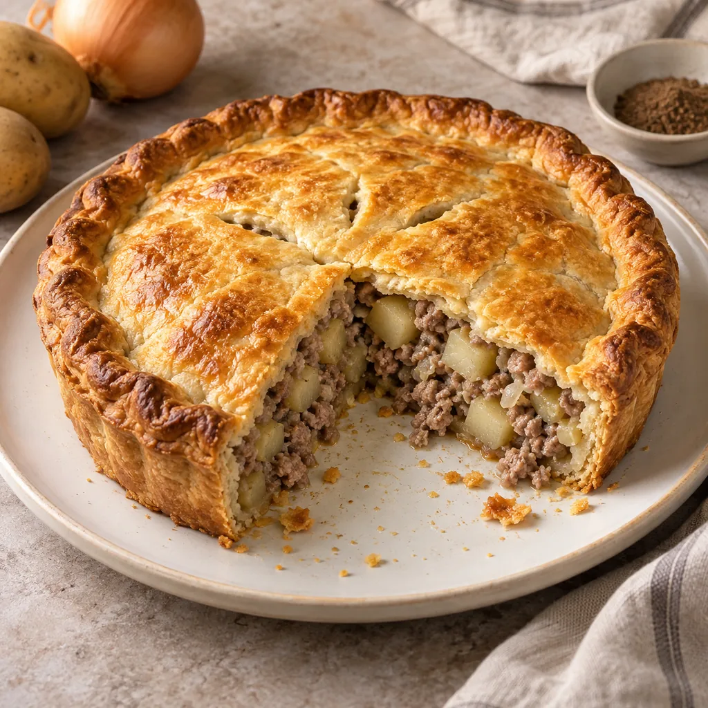 AI-generated serving suggestion for Tourtiere-style pork pie