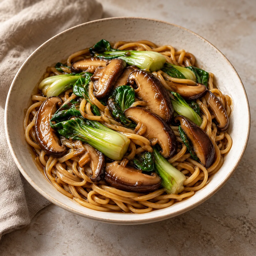 AI-generated serving suggestion for Braised shiitake noodle bowls