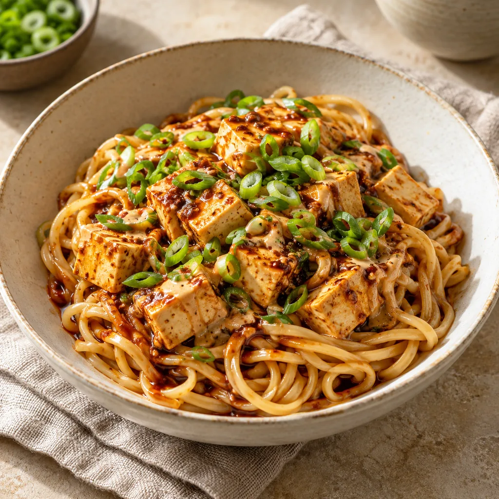 AI-generated serving suggestion for Dan dan noodles with tofu