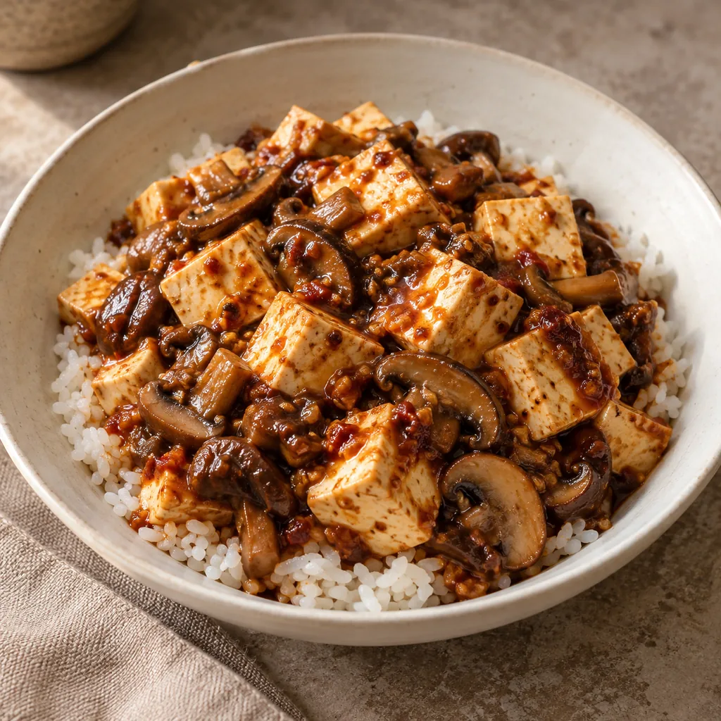 AI-generated serving suggestion for Mapo tofu with mushrooms