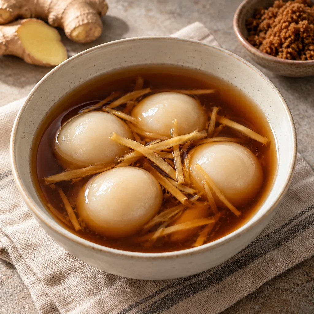 AI-generated serving suggestion for Tangyuan in ginger syrup