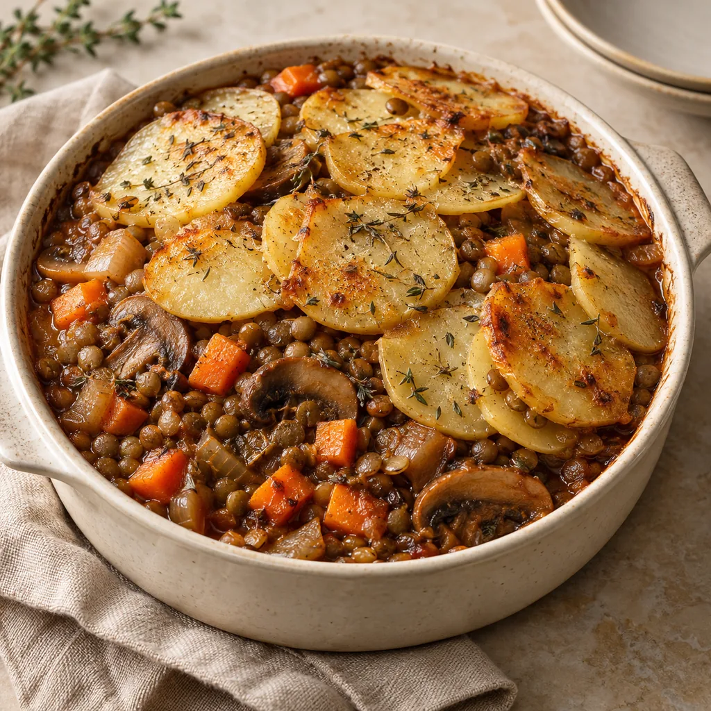 AI-generated serving suggestion for Lentil and mushroom hotpot