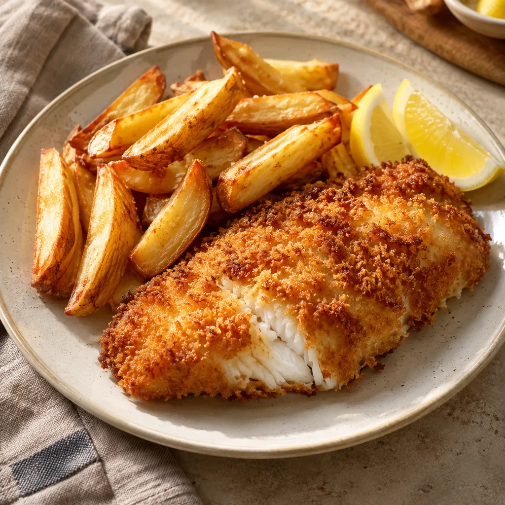 AI-generated serving suggestion for Oven fish and chips