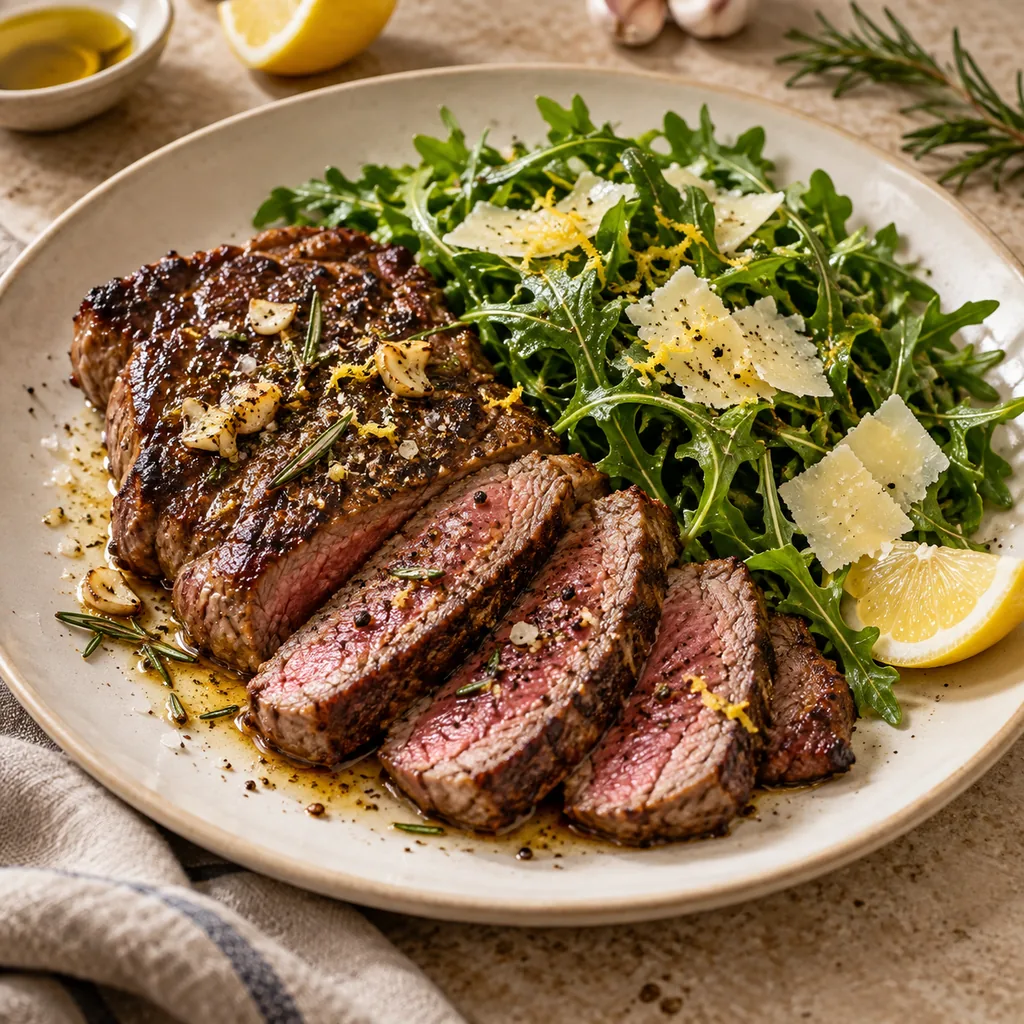 AI-generated serving suggestion for Steak with rocket and Parmesan