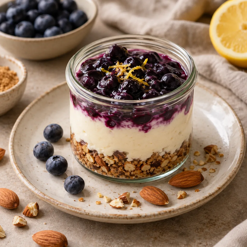 AI-generated serving suggestion for Blueberry cheesecake in a jar