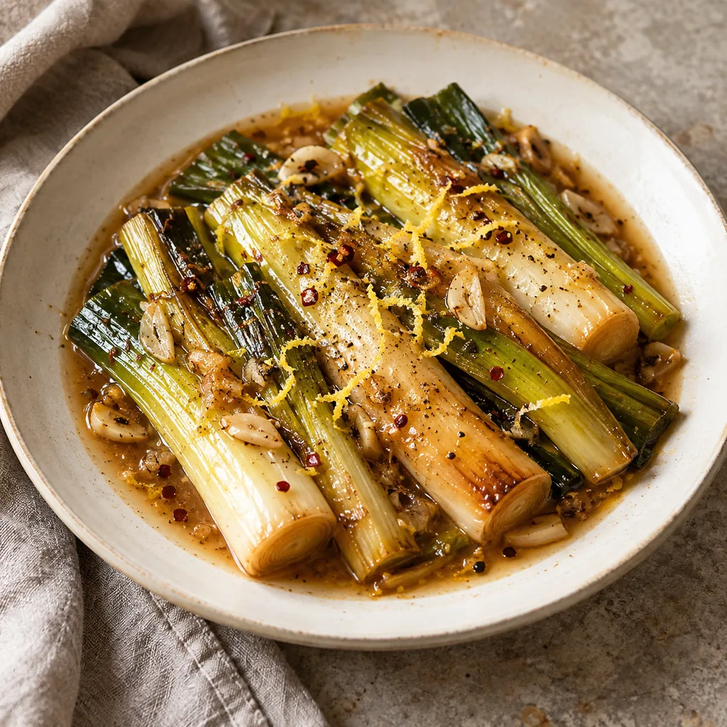 AI-generated serving suggestion for Miso-maple braised leeks