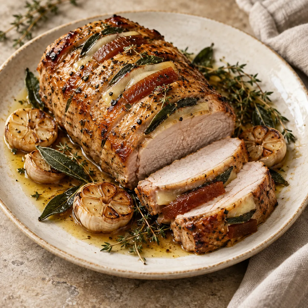 AI-generated serving suggestion for Pork with Manchego and membrillo
