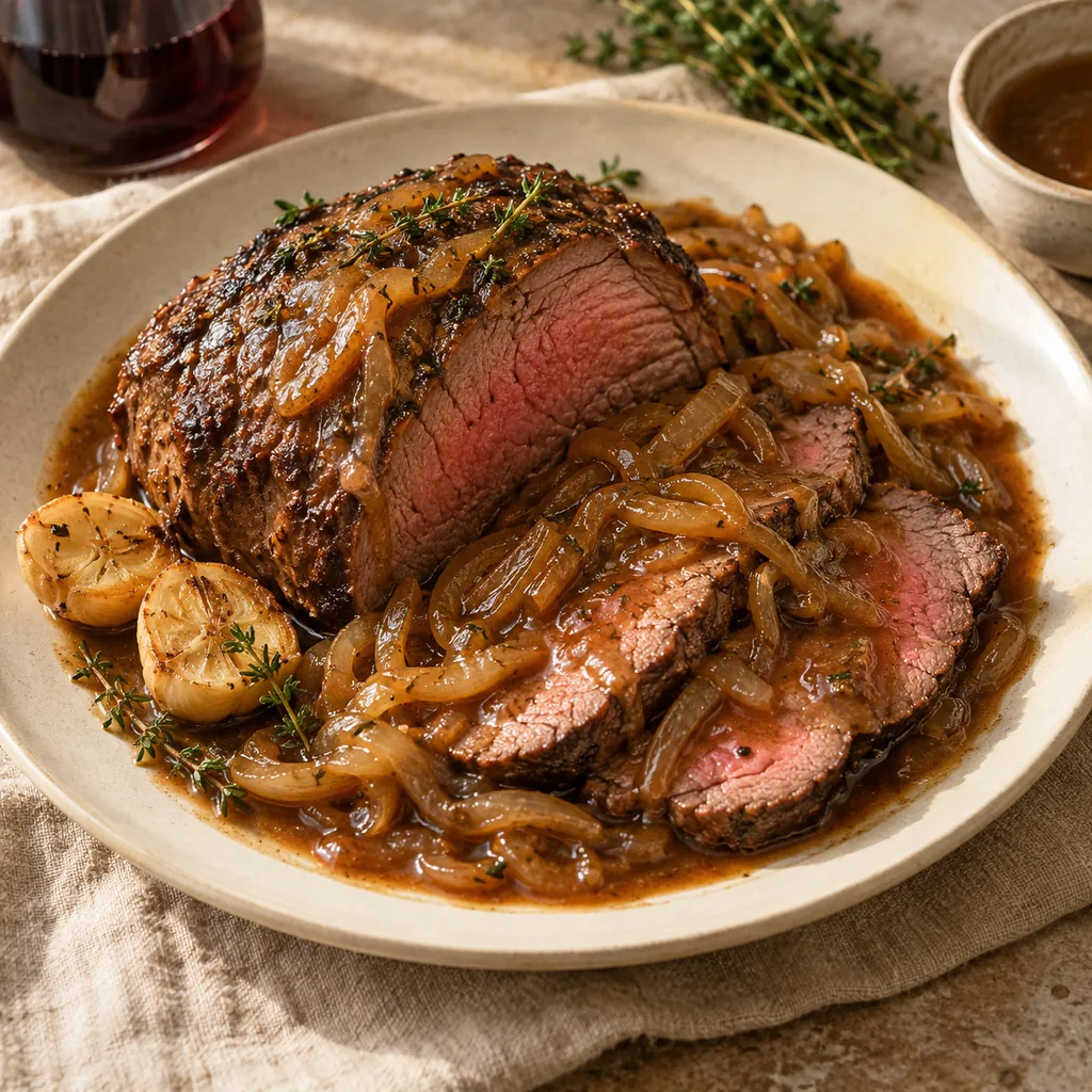 AI-generated serving suggestion for Roast beef with onion gravy