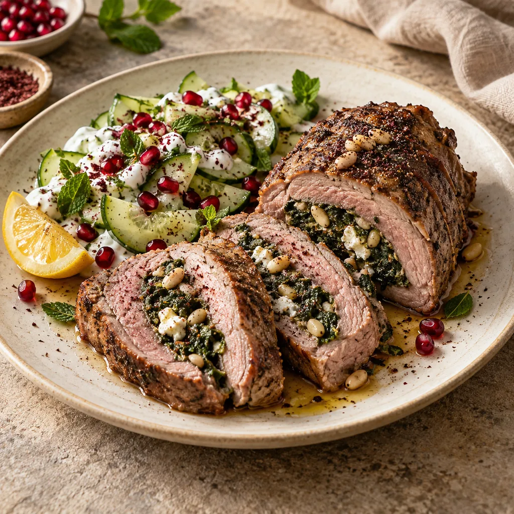 AI-generated serving suggestion for Spinach, feta and pine-nut stuffed lamb