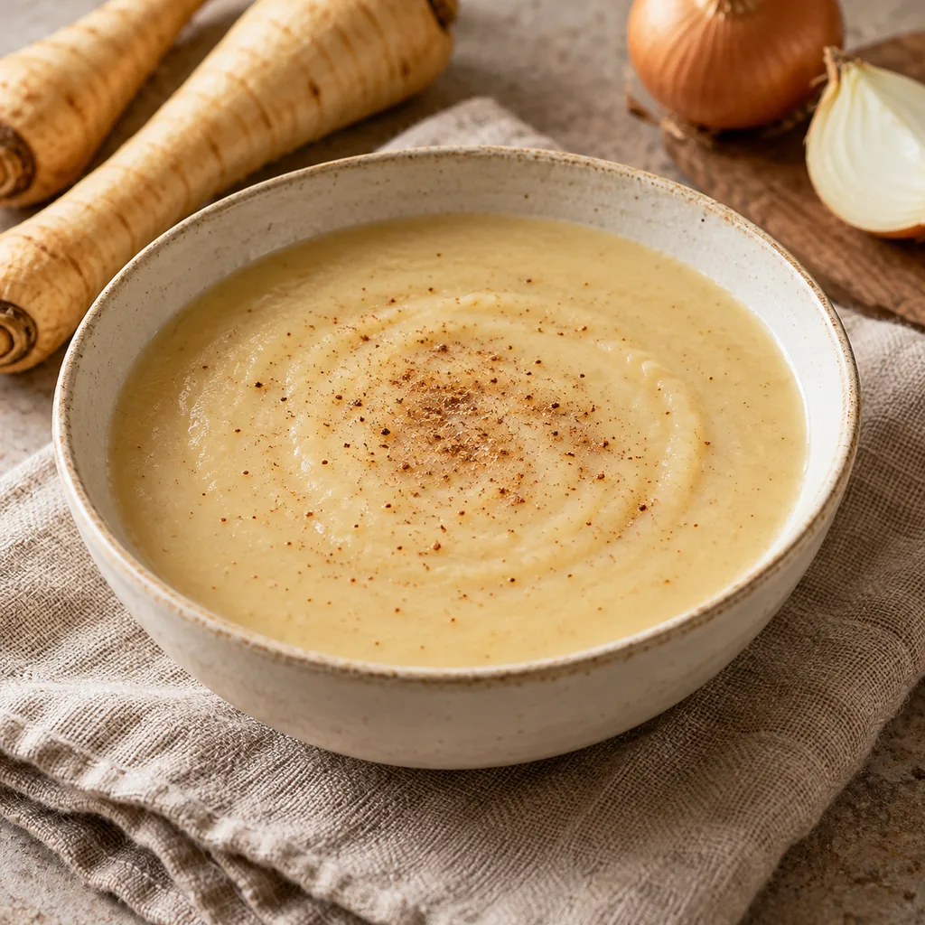 AI-generated serving suggestion for Roasted parsnip soup