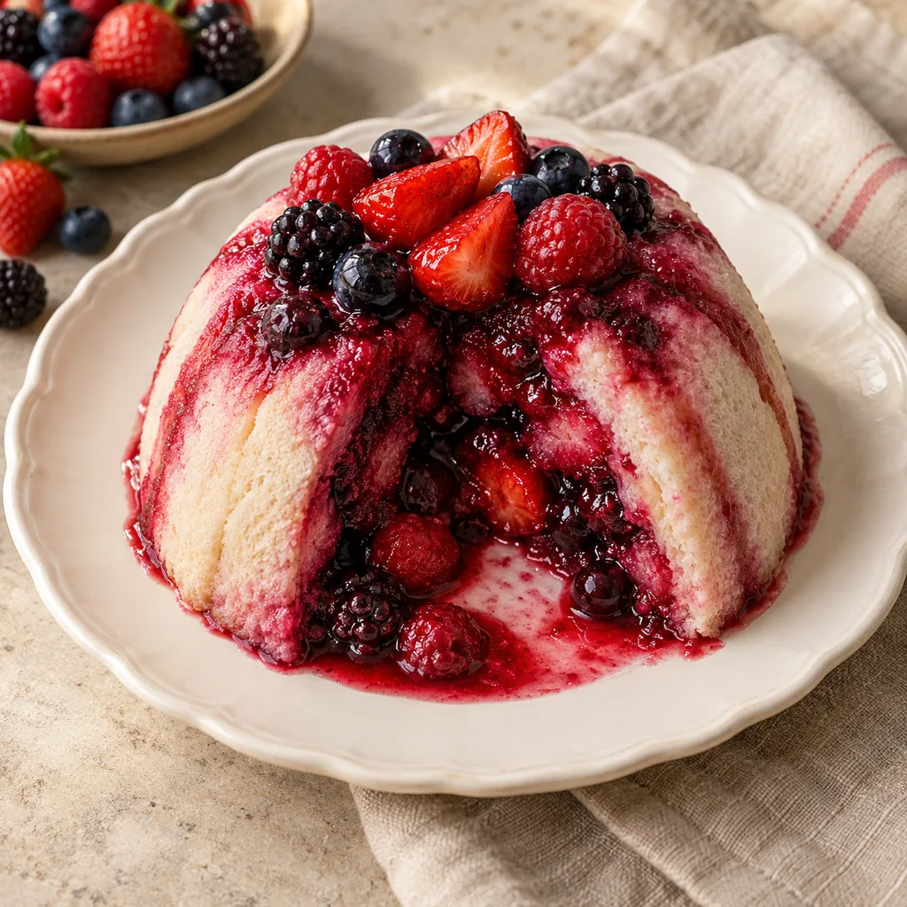 AI-generated serving suggestion for Summer berry pudding cups