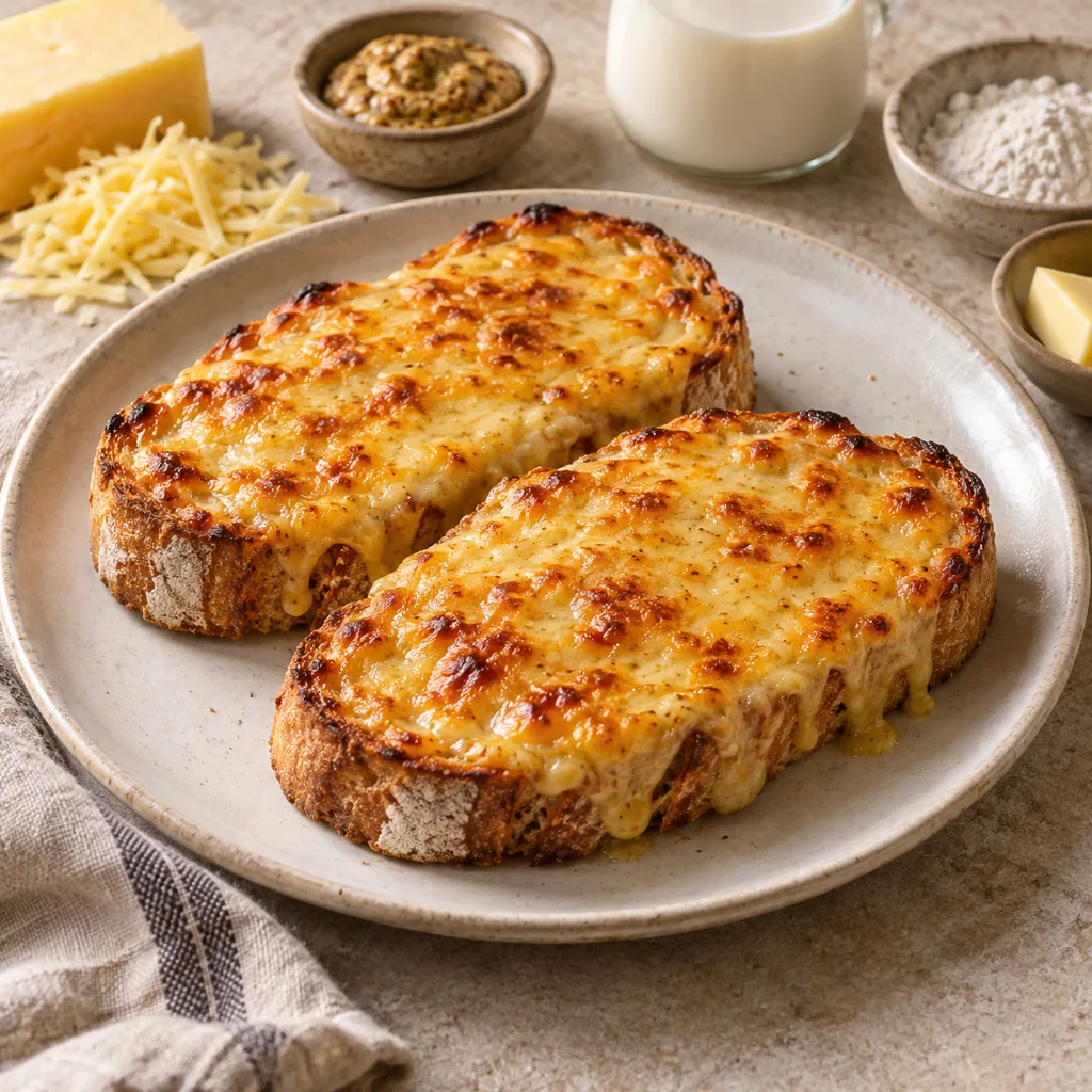 AI-generated serving suggestion for Welsh rarebit inspired toasts