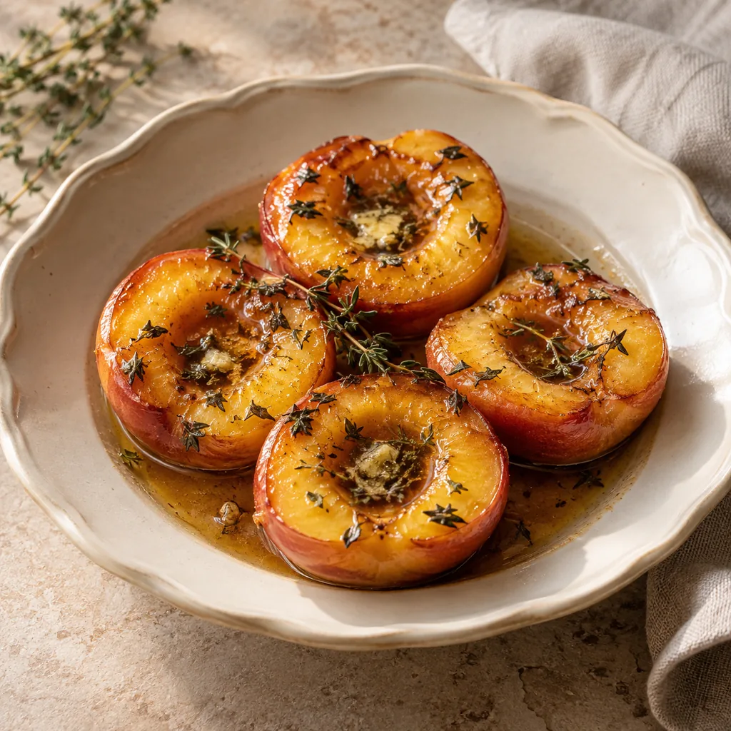AI-generated serving suggestion for Baked peaches with honey