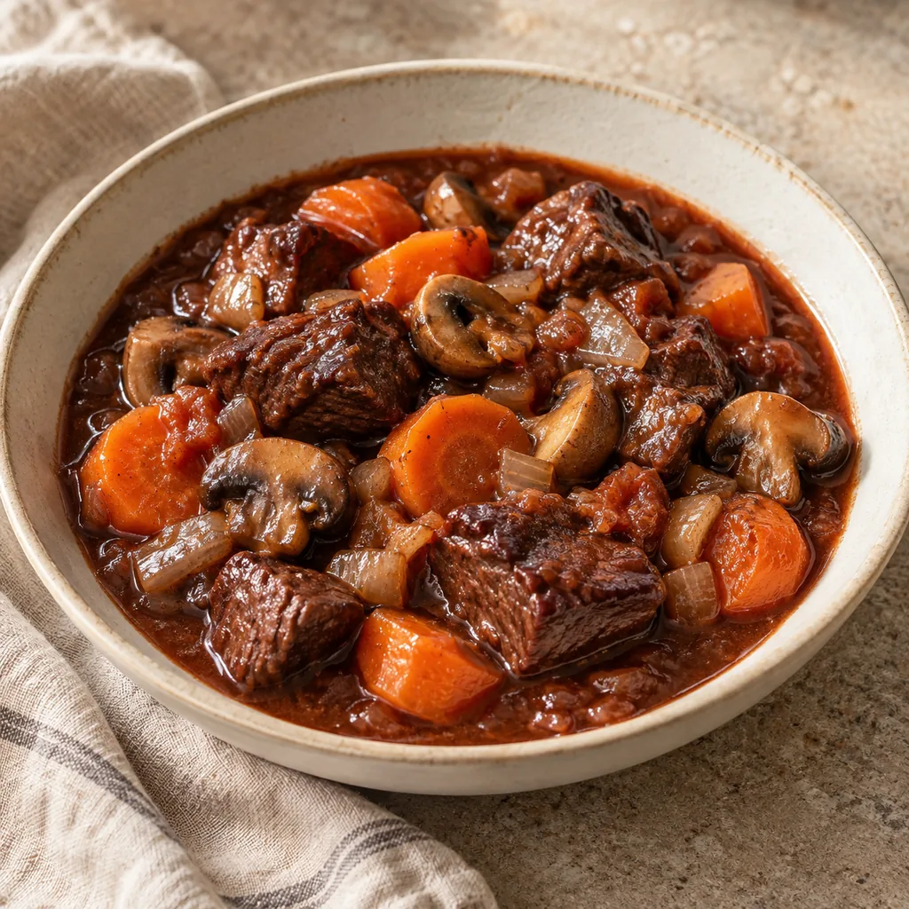 AI-generated serving suggestion for Beef bourguignon style stew