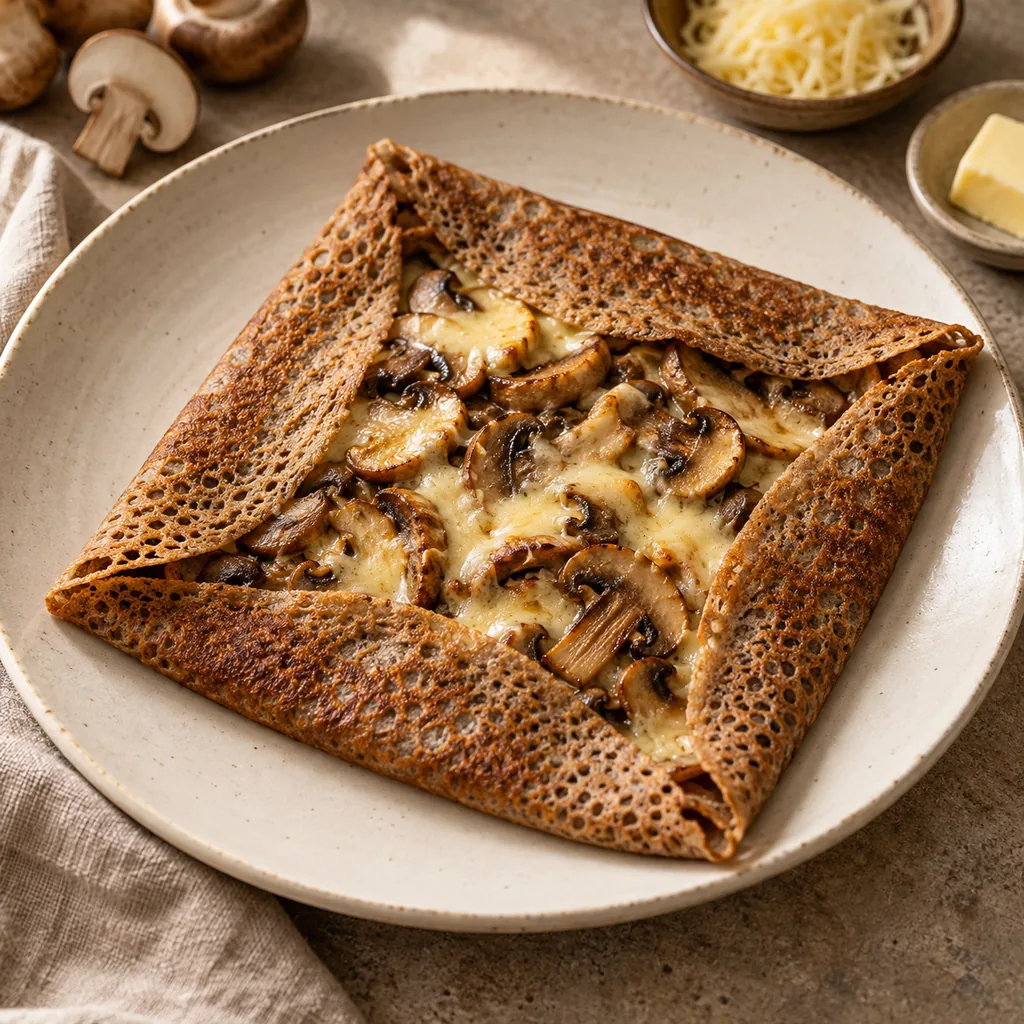 AI-generated serving suggestion for Buckwheat mushroom galettes