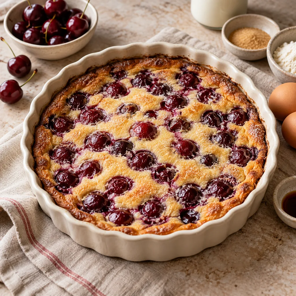 AI-generated serving suggestion for Clafoutis with cherries