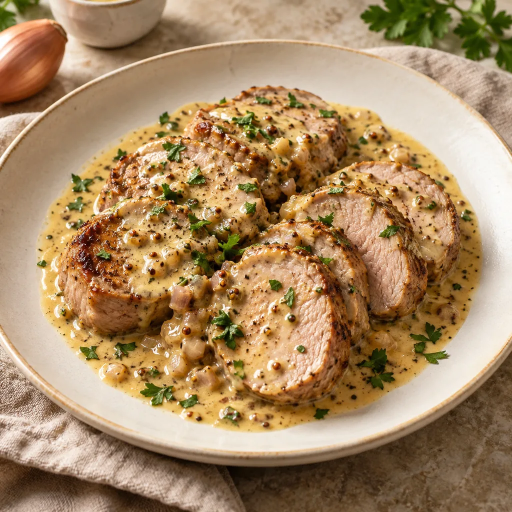 AI-generated serving suggestion for Dijon pork tenderloin