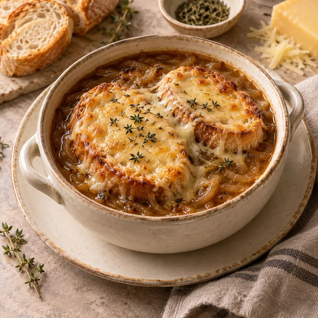 AI-generated serving suggestion for French onion soup