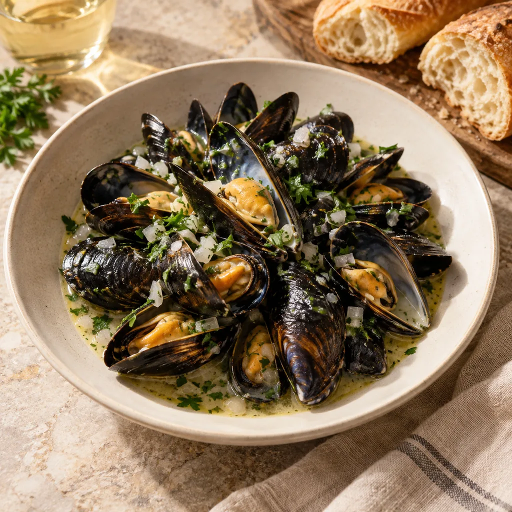 AI-generated serving suggestion for Moules mariniere