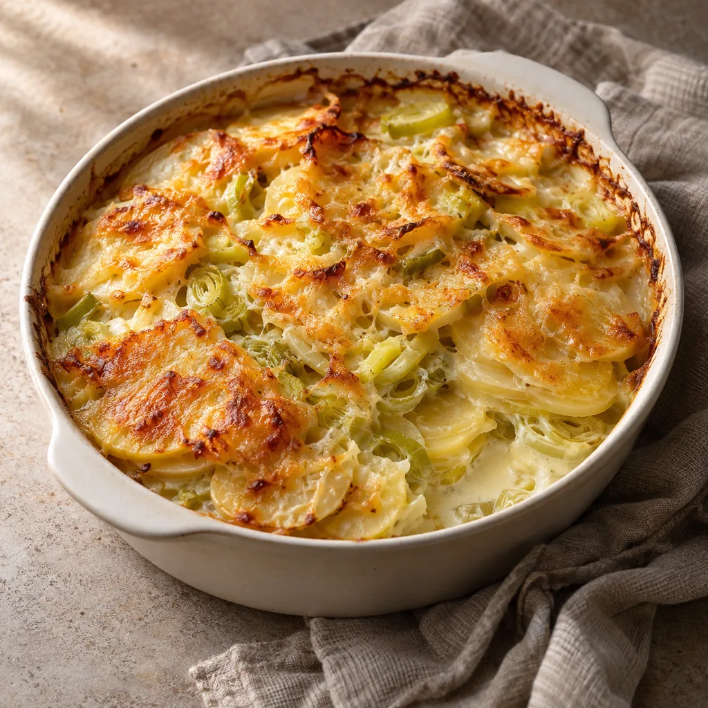 AI-generated serving suggestion for Potato and leek gratin
