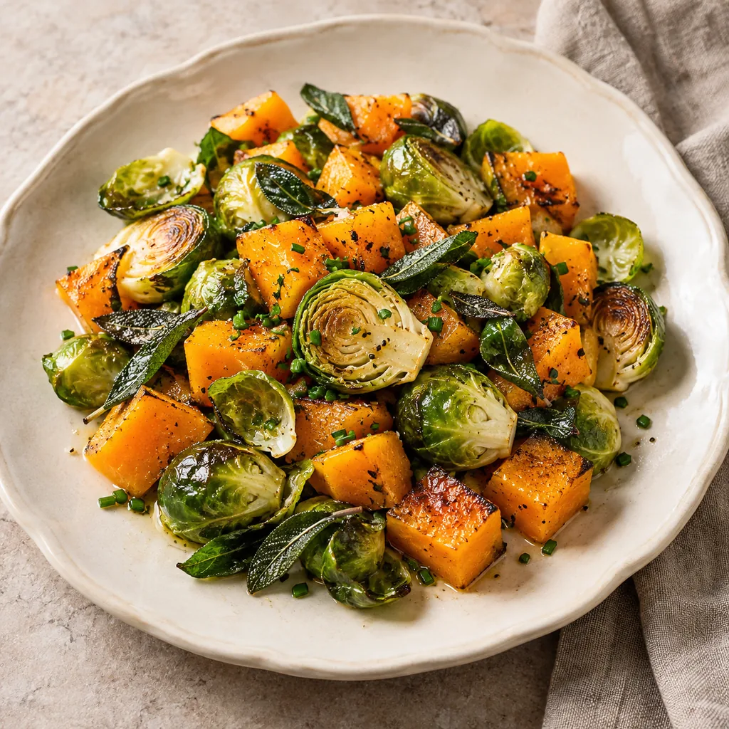 AI-generated serving suggestion for Brussels sprouts and squash with sage