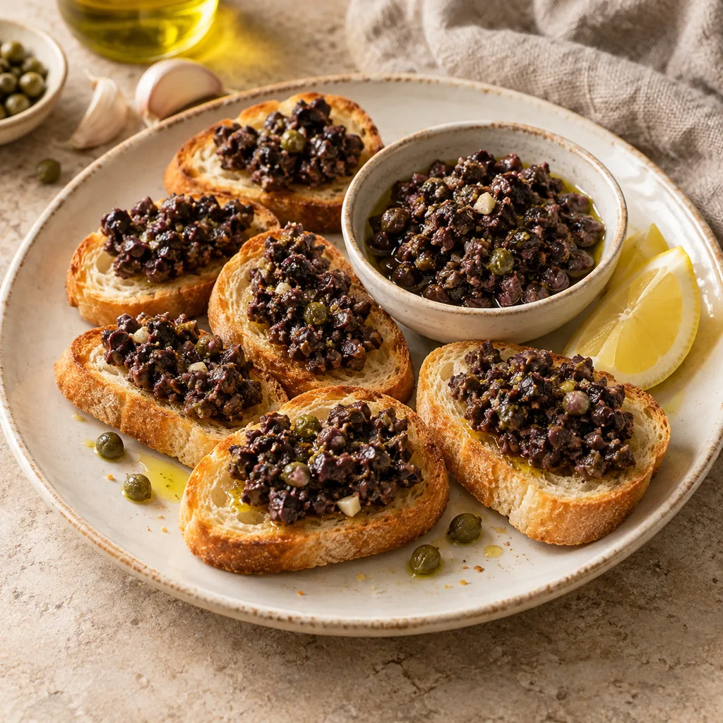 AI-generated serving suggestion for Tapenade crostini