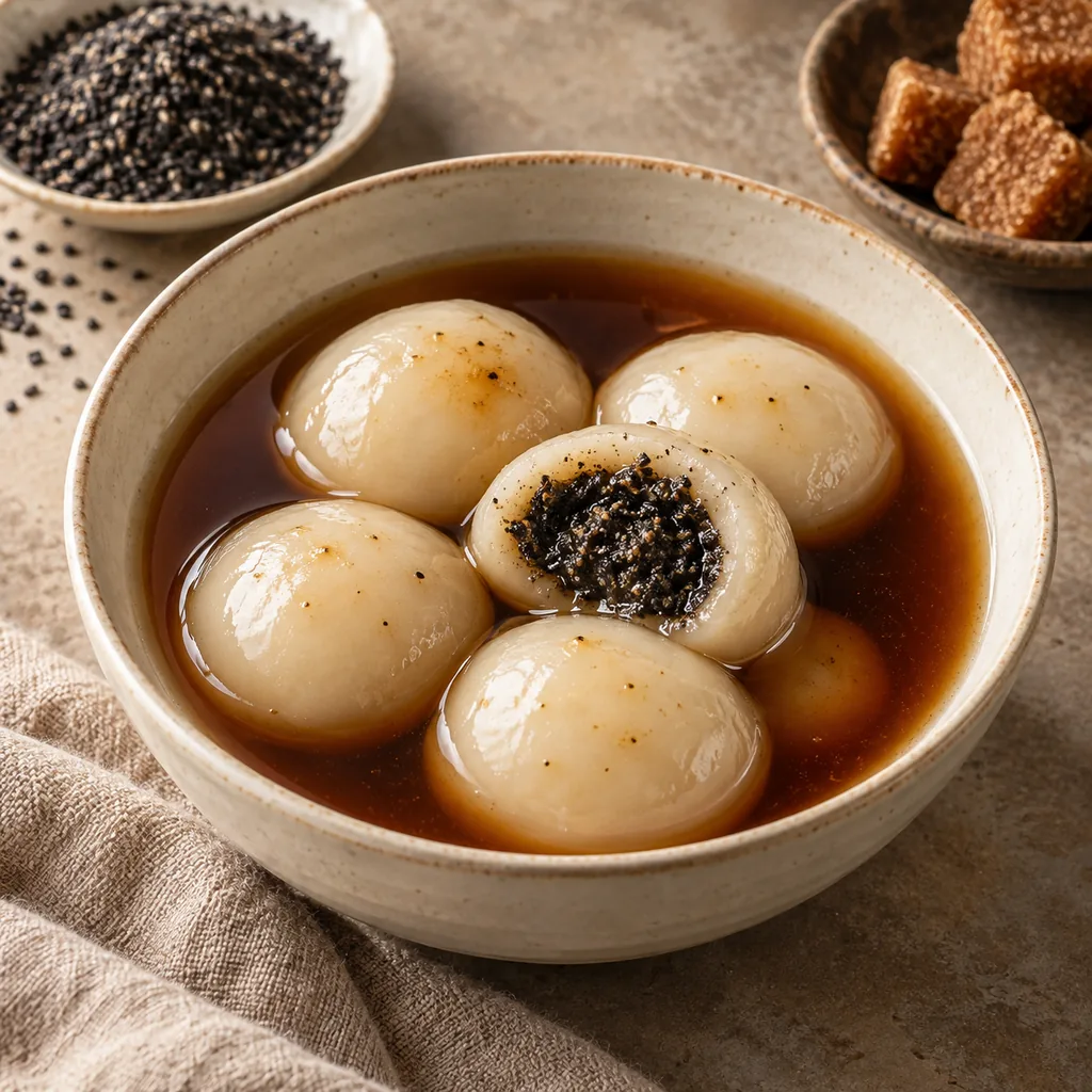 AI-generated serving suggestion for Black sesame sweet dumplings