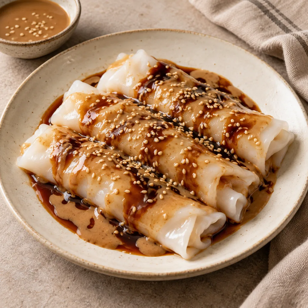 AI-generated serving suggestion for Cheung fun with sesame sauce