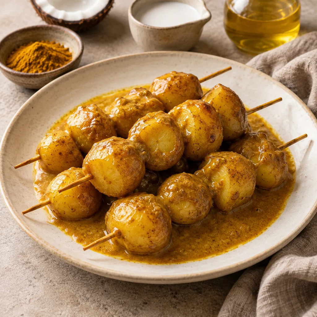 AI-generated serving suggestion for Curry potato skewers