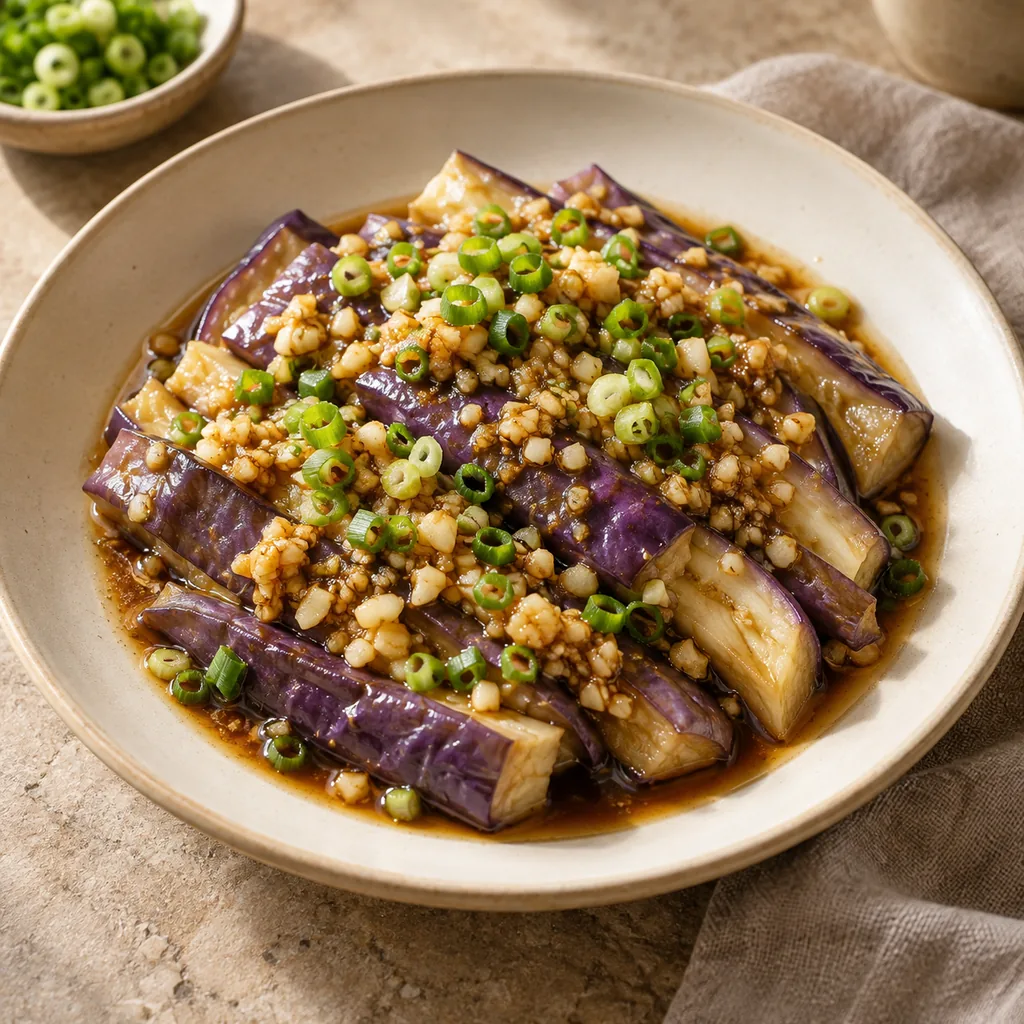 AI-generated serving suggestion for Garlic steamed aubergine