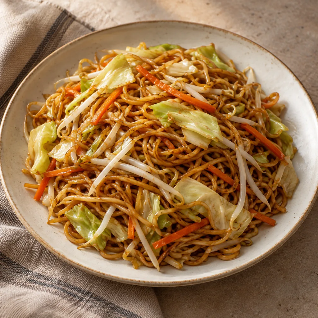 AI-generated serving suggestion for Hong Kong soy sauce chow mein