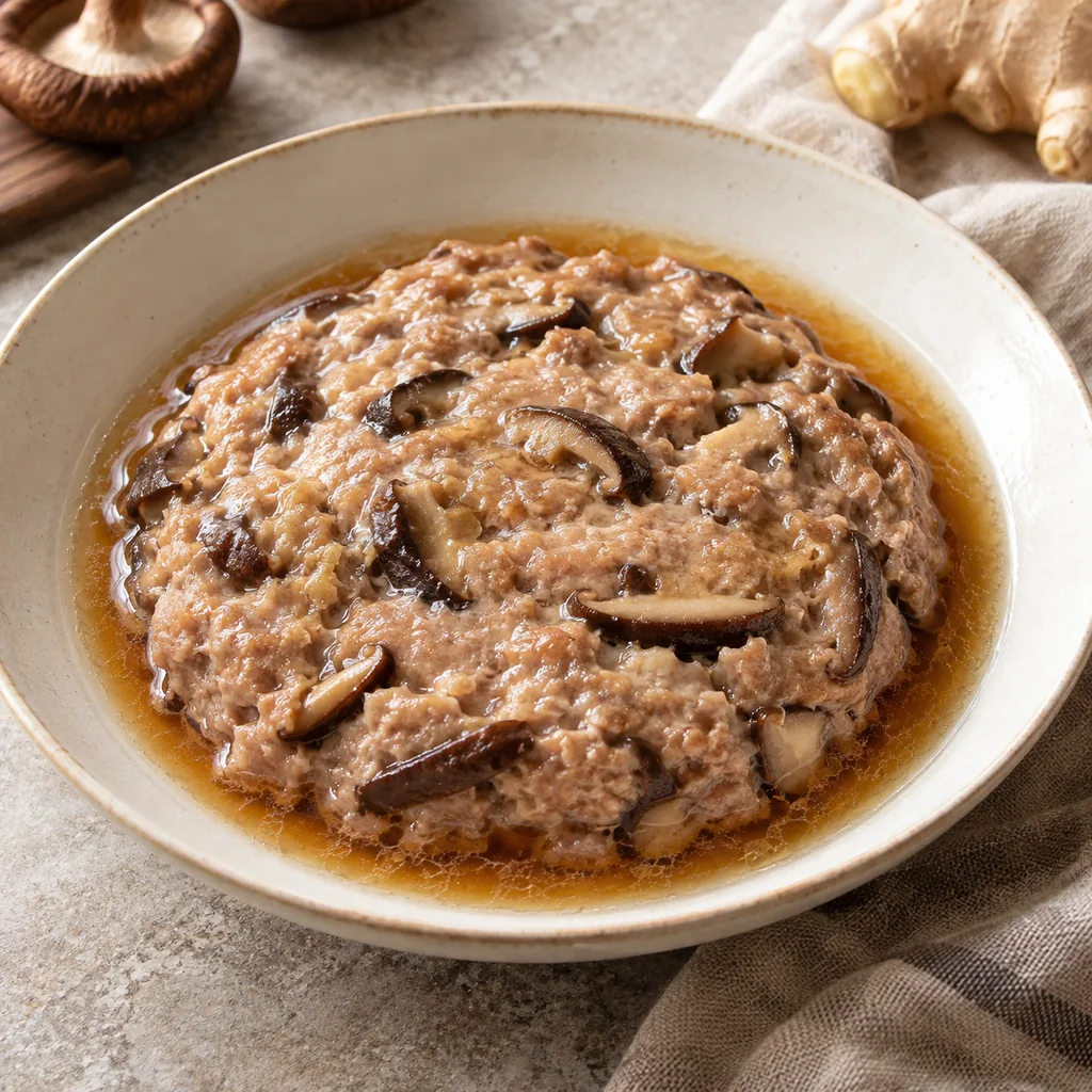 AI-generated serving suggestion for Steamed pork patty with mushrooms