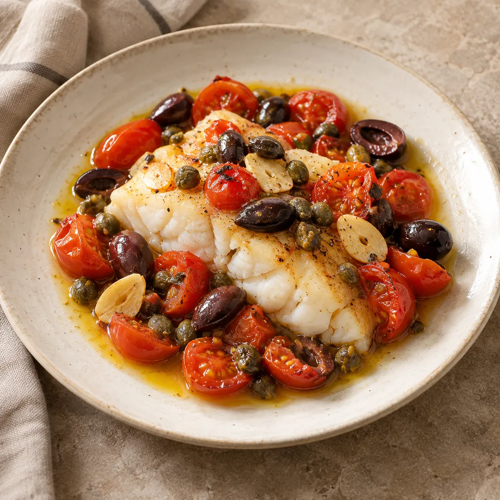 AI-generated serving suggestion for Baked cod with tomatoes