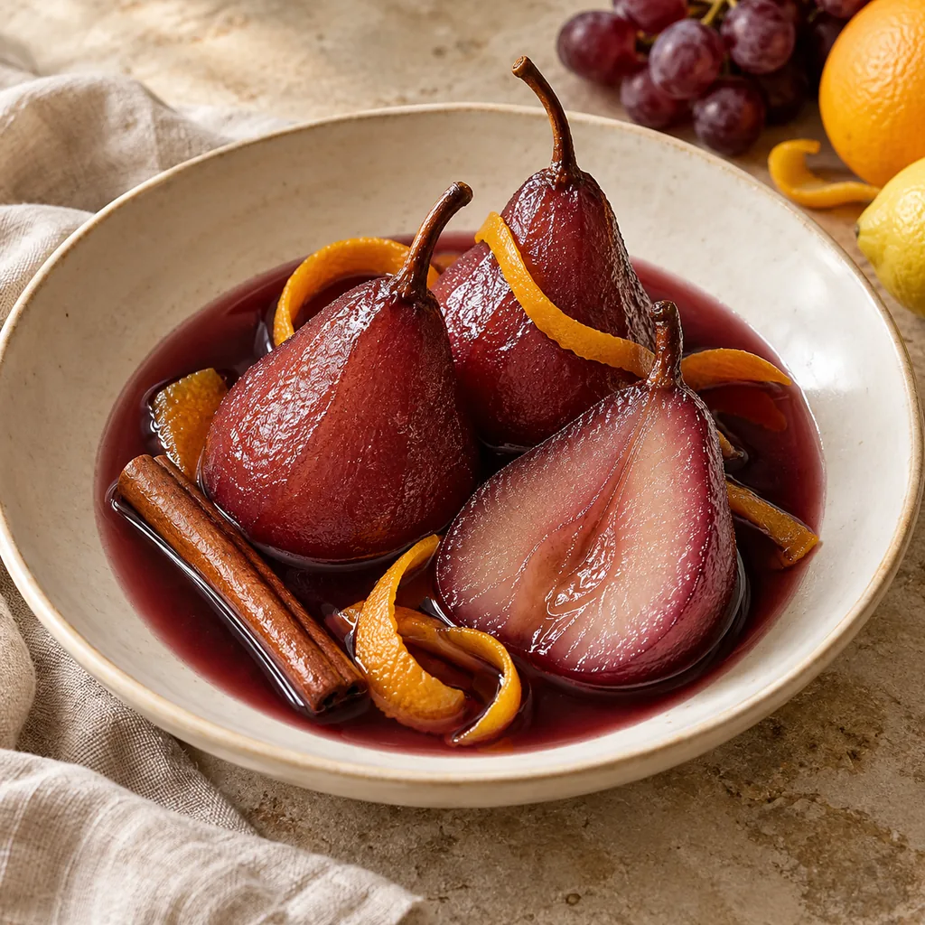 AI-generated serving suggestion for Poached pears in grape juice