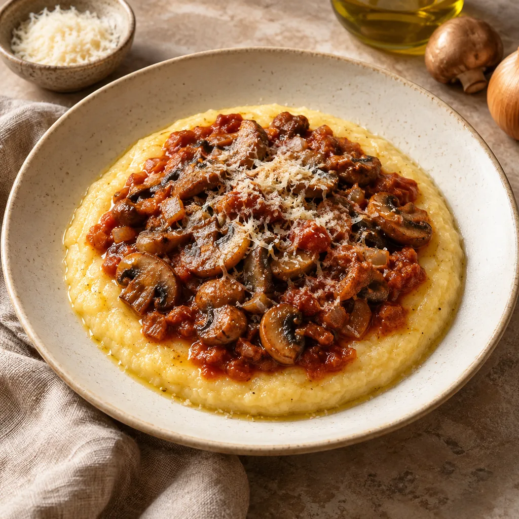 AI-generated serving suggestion for Polenta with mushroom ragu