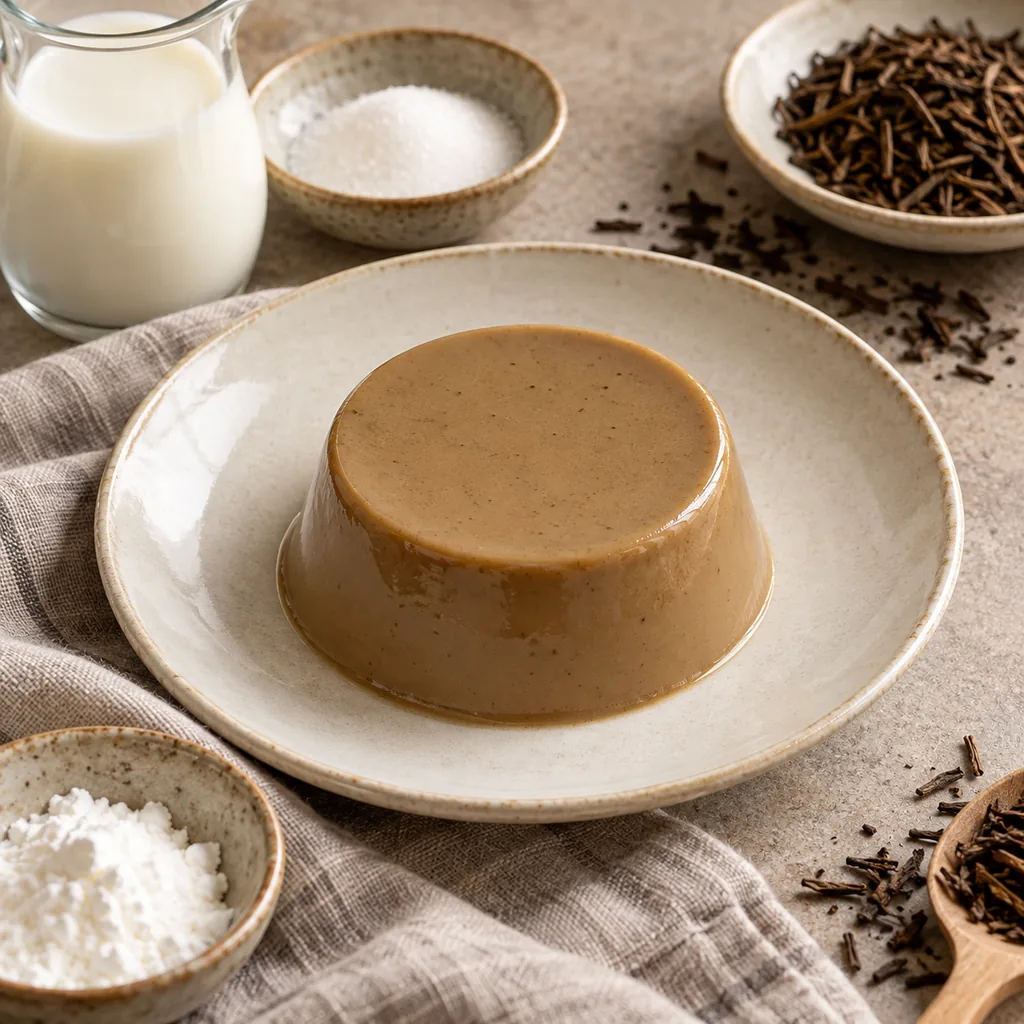 AI-generated serving suggestion for Hojicha milk pudding