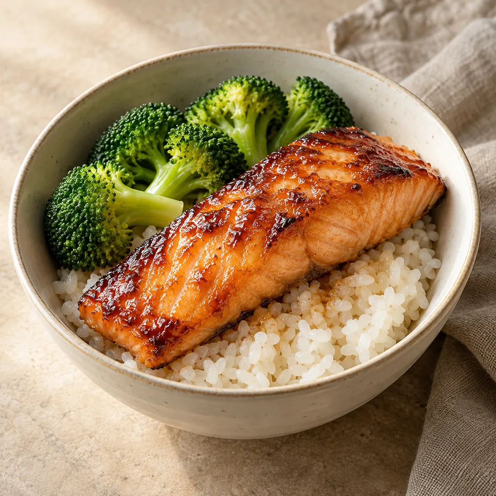 AI-generated serving suggestion for Salmon miso rice bowls