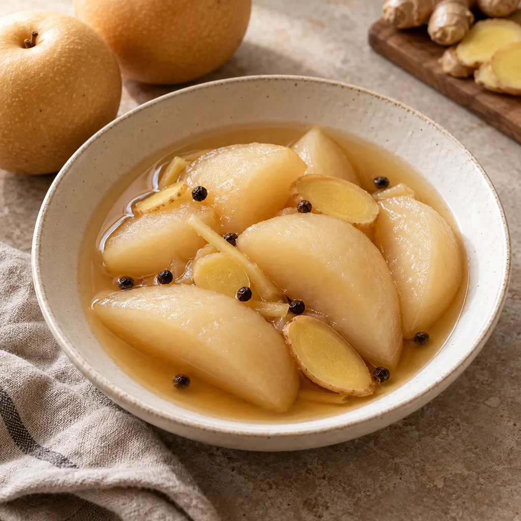 AI-generated serving suggestion for Ginger poached pears