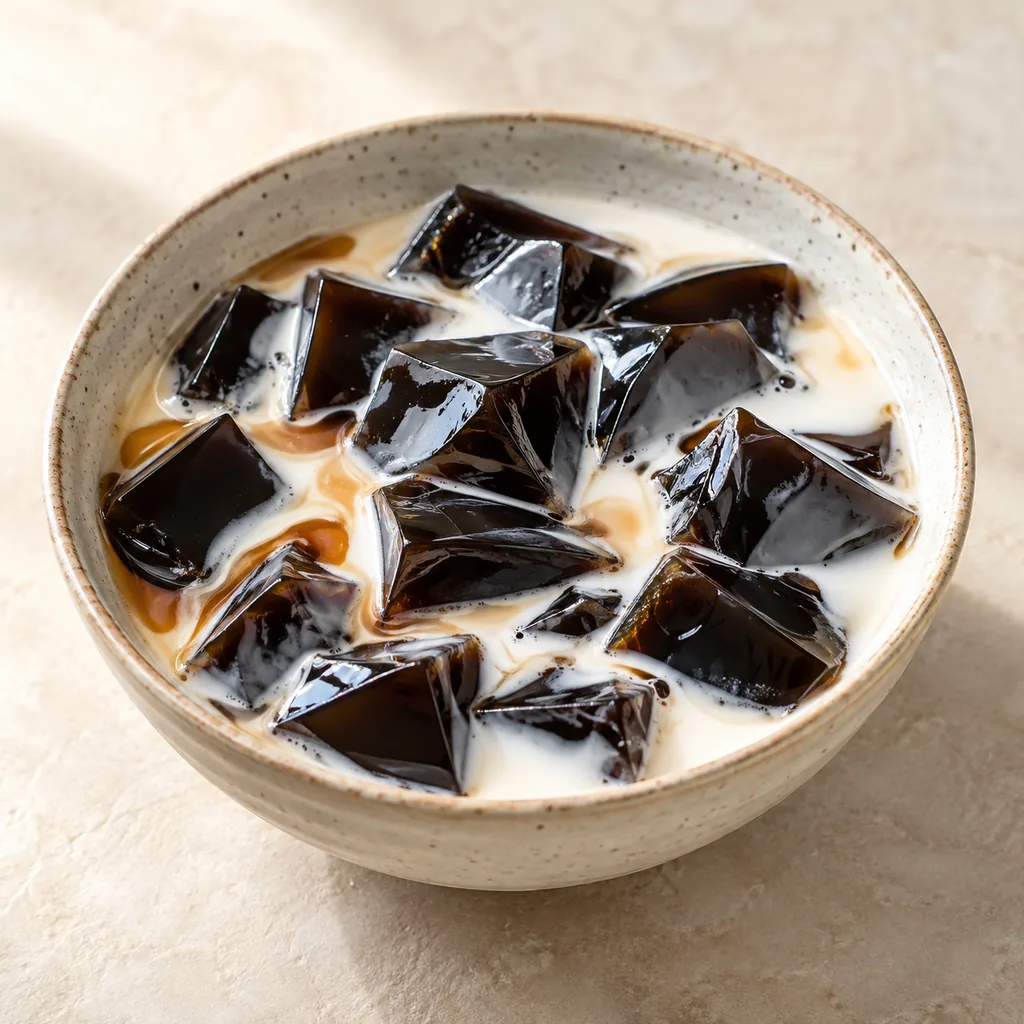 AI-generated serving suggestion for Grass jelly with sweet milk
