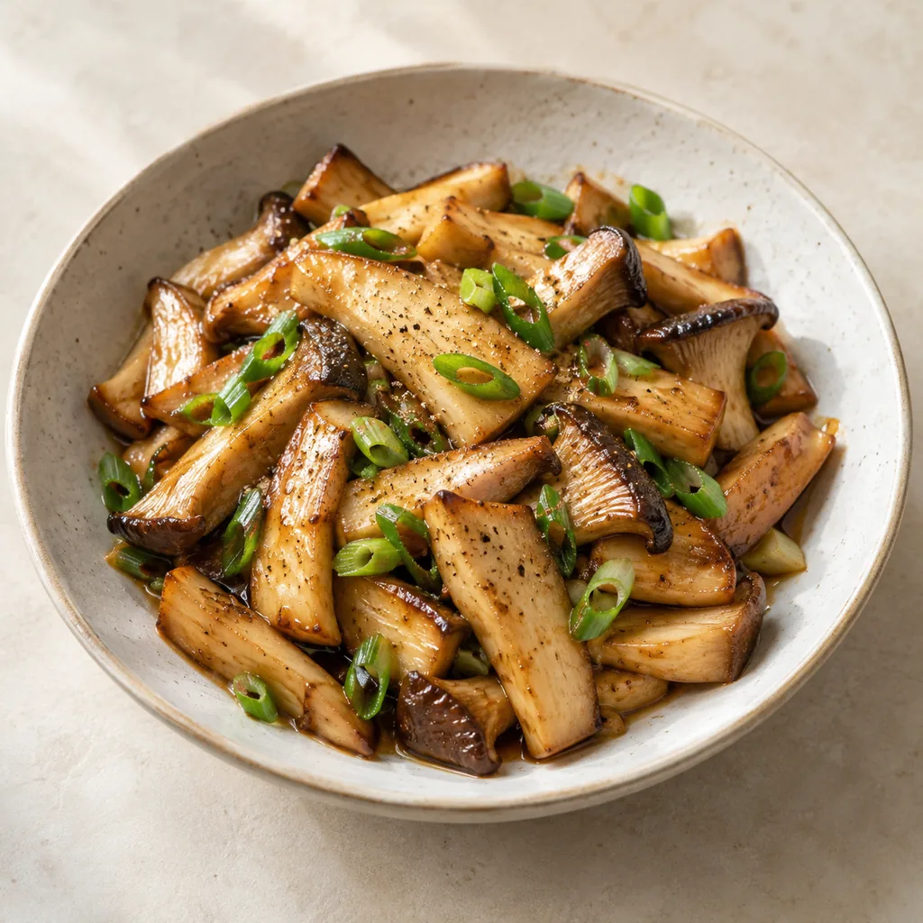 AI-generated serving suggestion for Peppery king oyster mushrooms