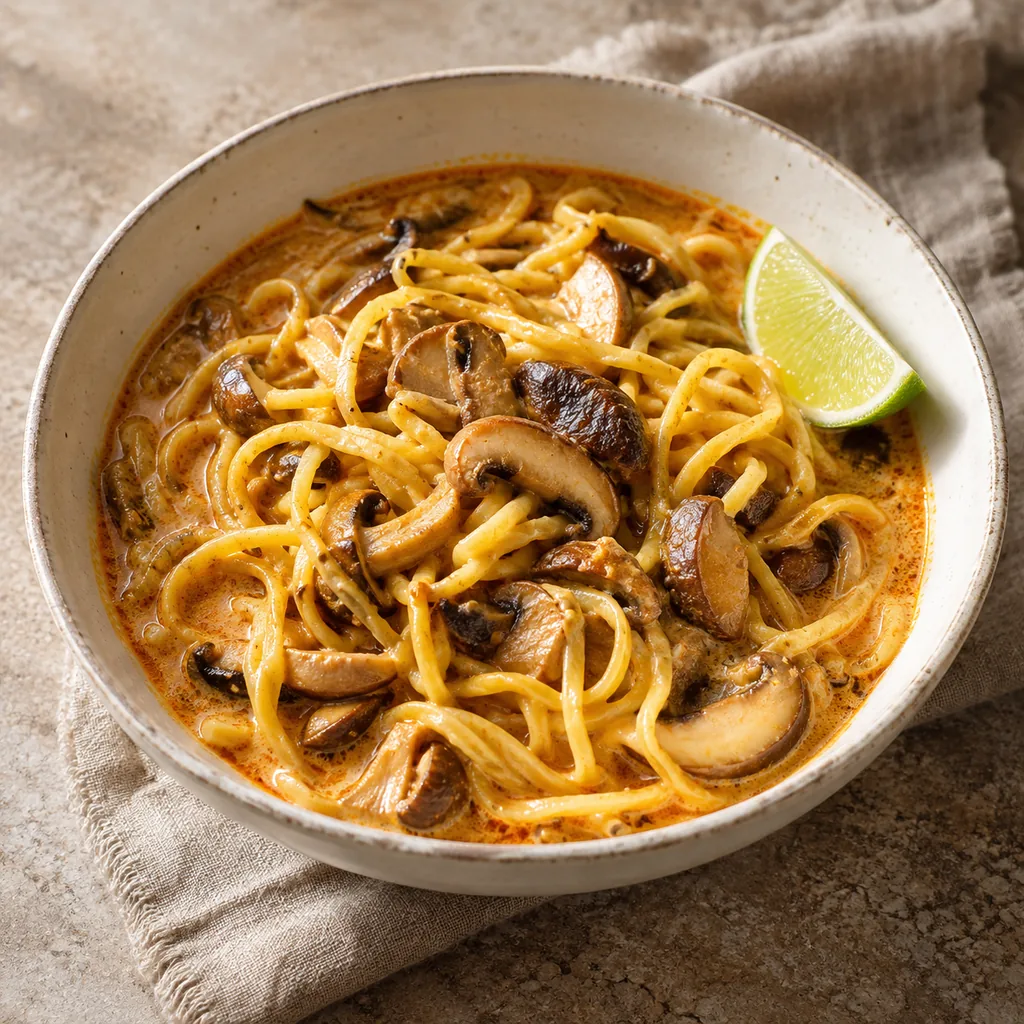 AI-generated serving suggestion for Mushroom khao soi-inspired noodles