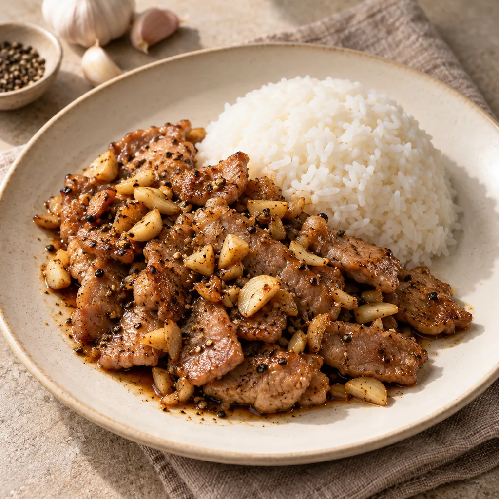AI-generated serving suggestion for Garlic pepper pork