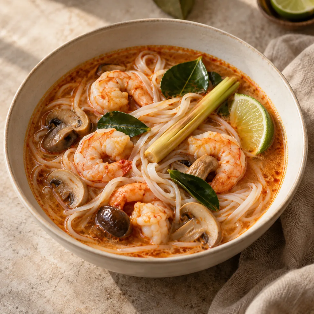 AI-generated serving suggestion for Tom yum noodle soup