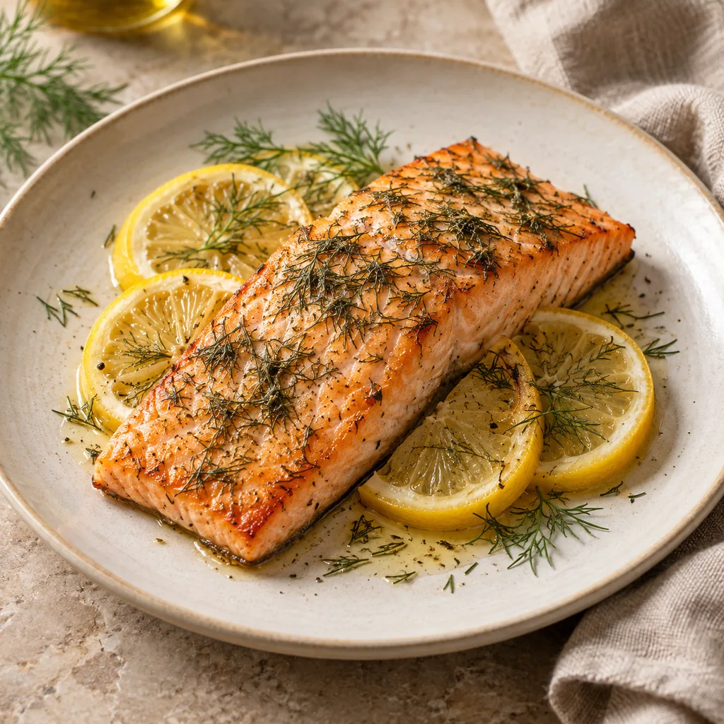 AI-generated serving suggestion for Baked salmon with lemon
