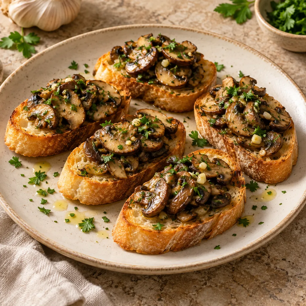 AI-generated serving suggestion for Garlic mushroom toast bites