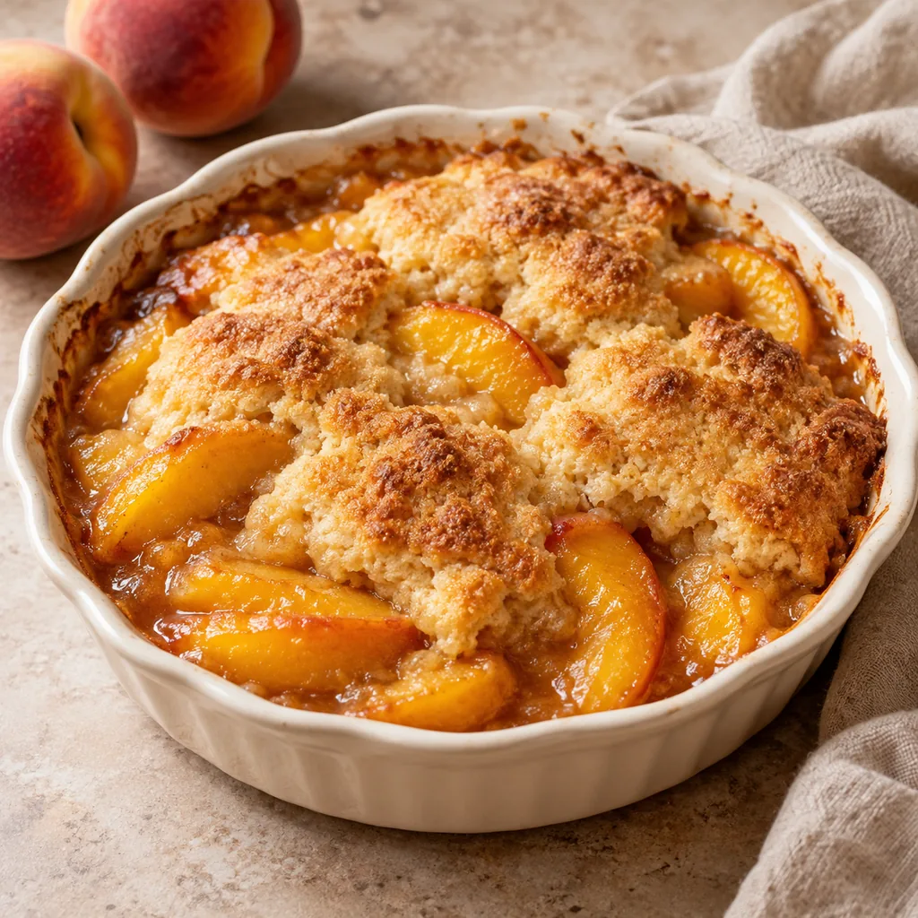 AI-generated serving suggestion for Peach cobbler