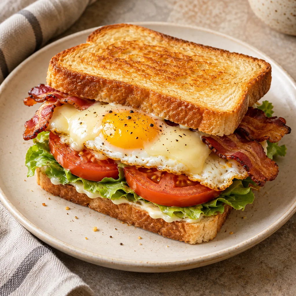 AI-generated serving suggestion for BLT egg-and-cheese sandwich