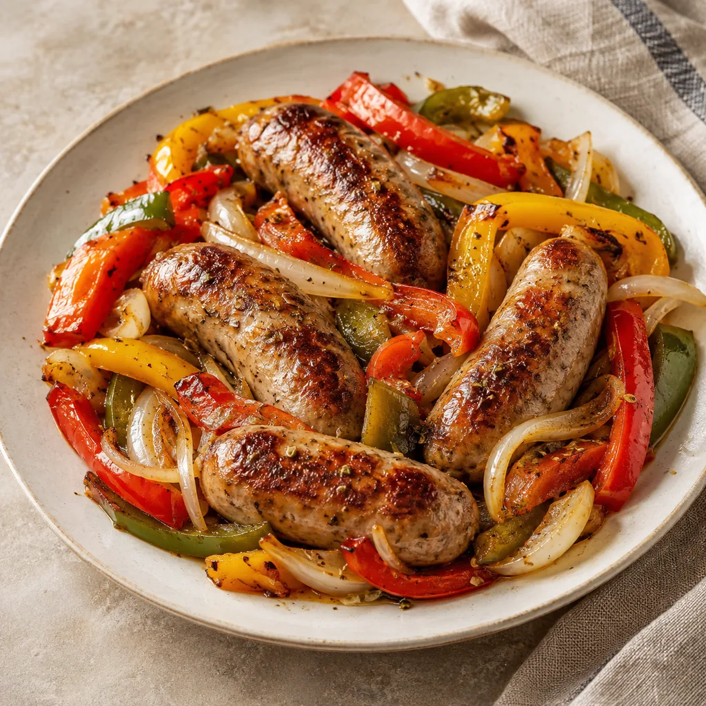AI-generated serving suggestion for Sheet-pan sausage and peppers